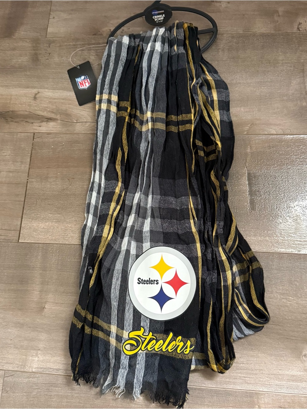 NEW NFL Pittsburgh Steelers Crinkle Scarf Plaid Black Yellow 72" x 25" Football